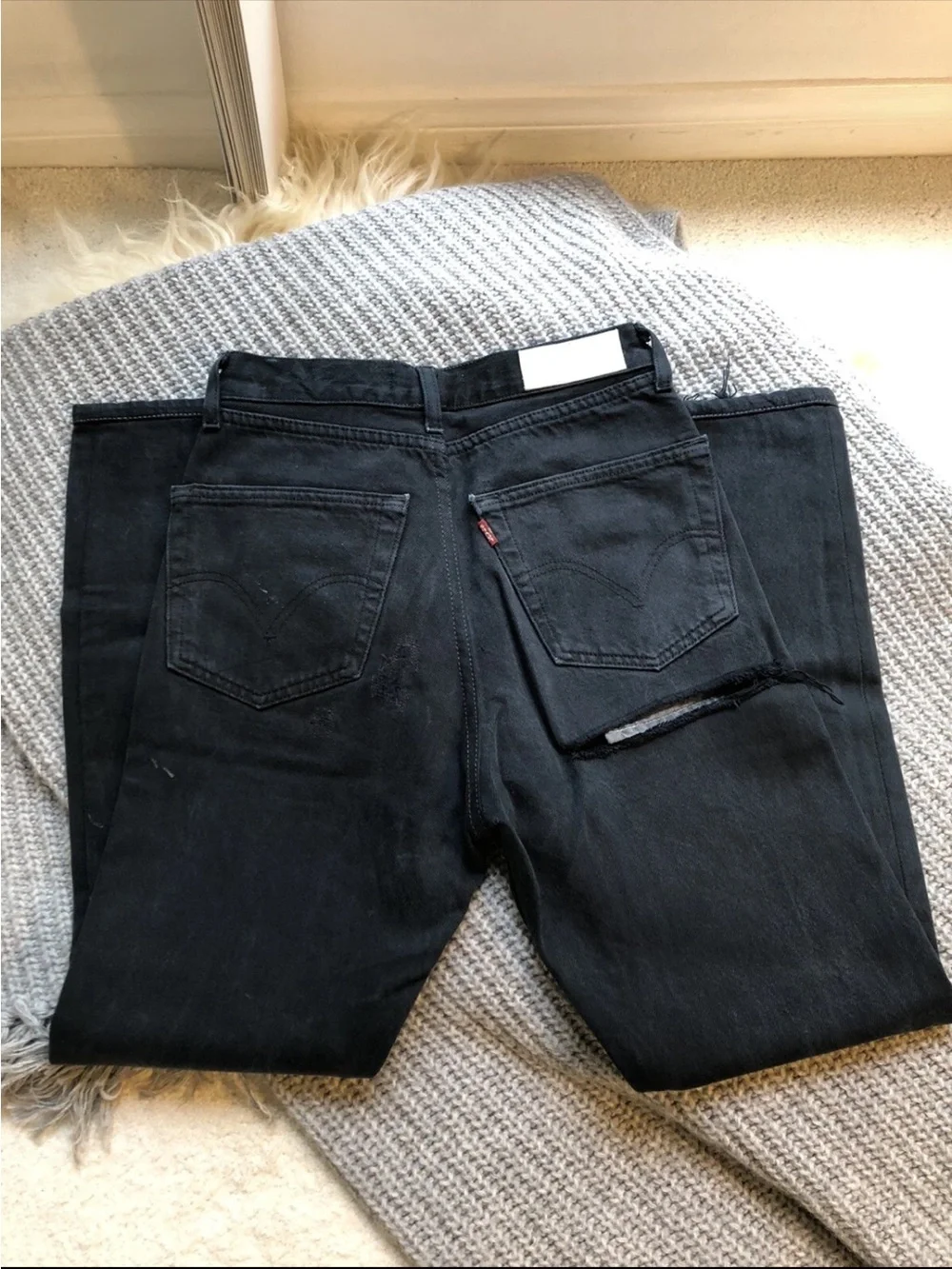RE/DONE Levi’s Upcycled High Rise Butt Rip Straight Jeans in Black Button Fly 25
